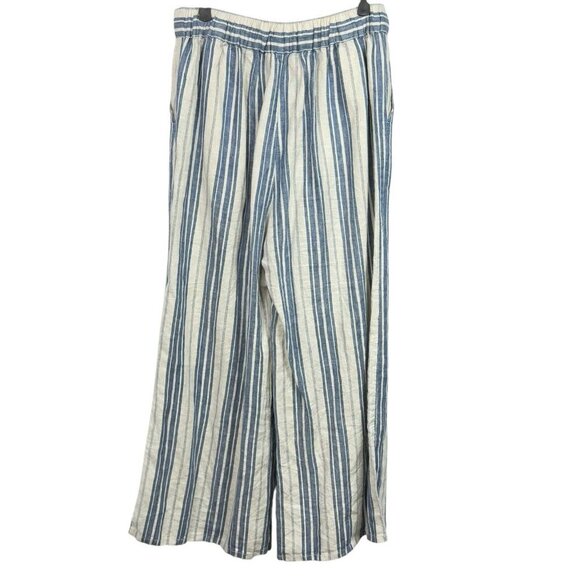 Christian Siriano Pants Womens Medium Blue Striped Wide Leg Pull On Linen Cotton - Picture 2 of 7